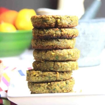 stack of vegan chickpea burgers.