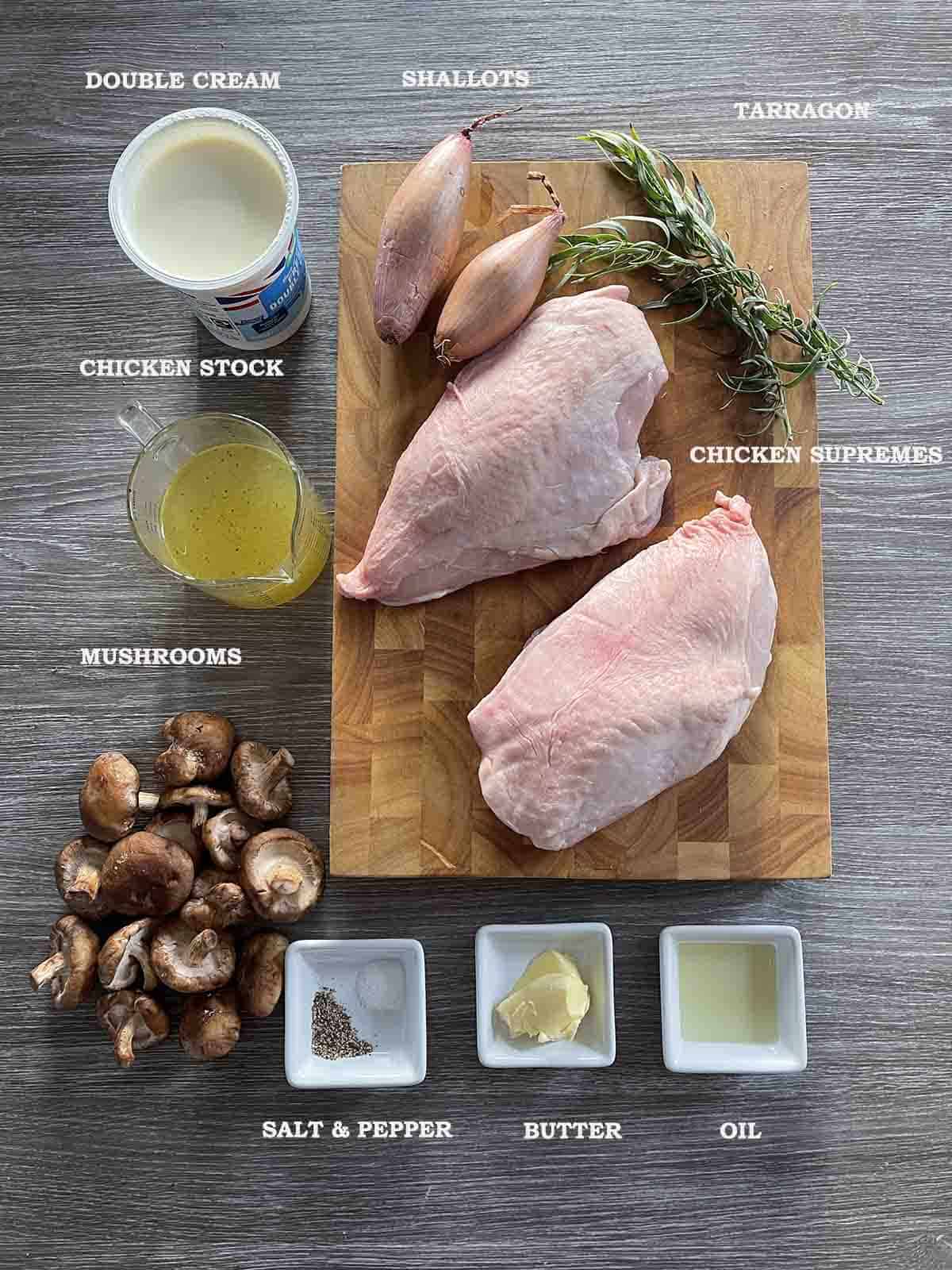 ingredients including chicken, cream and mushrooms.