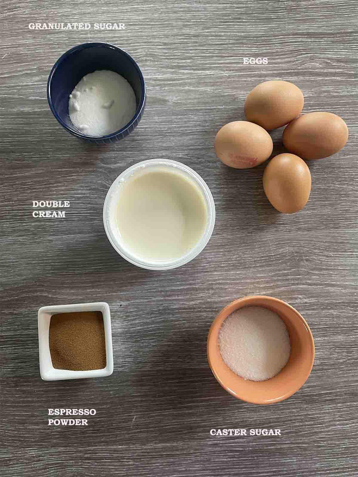 ingredients including espresso, eggs,, cream and sugar.
