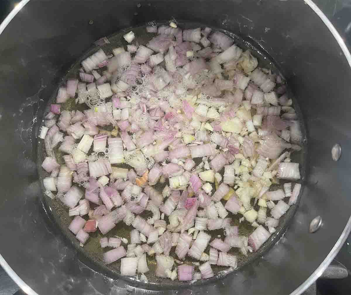 shallots in a pan. 