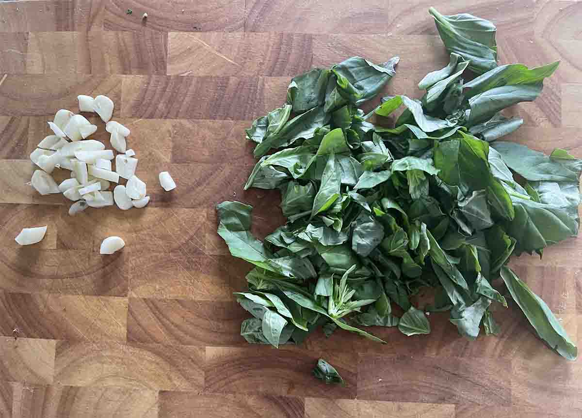 chopped basil and garlic.