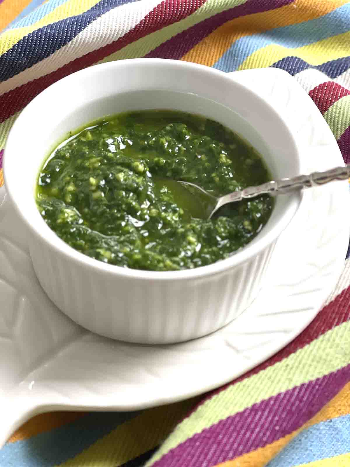 close up of basil sauce.