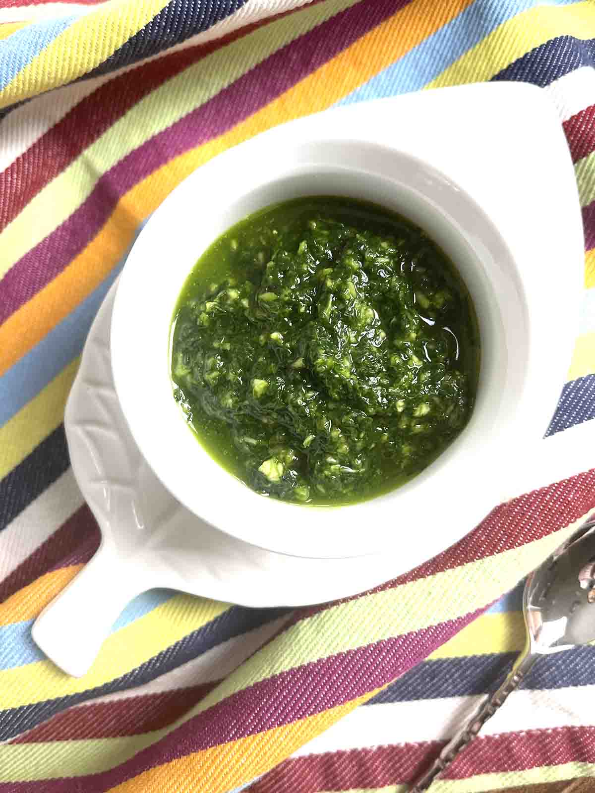 sauce pistou in a white dish.