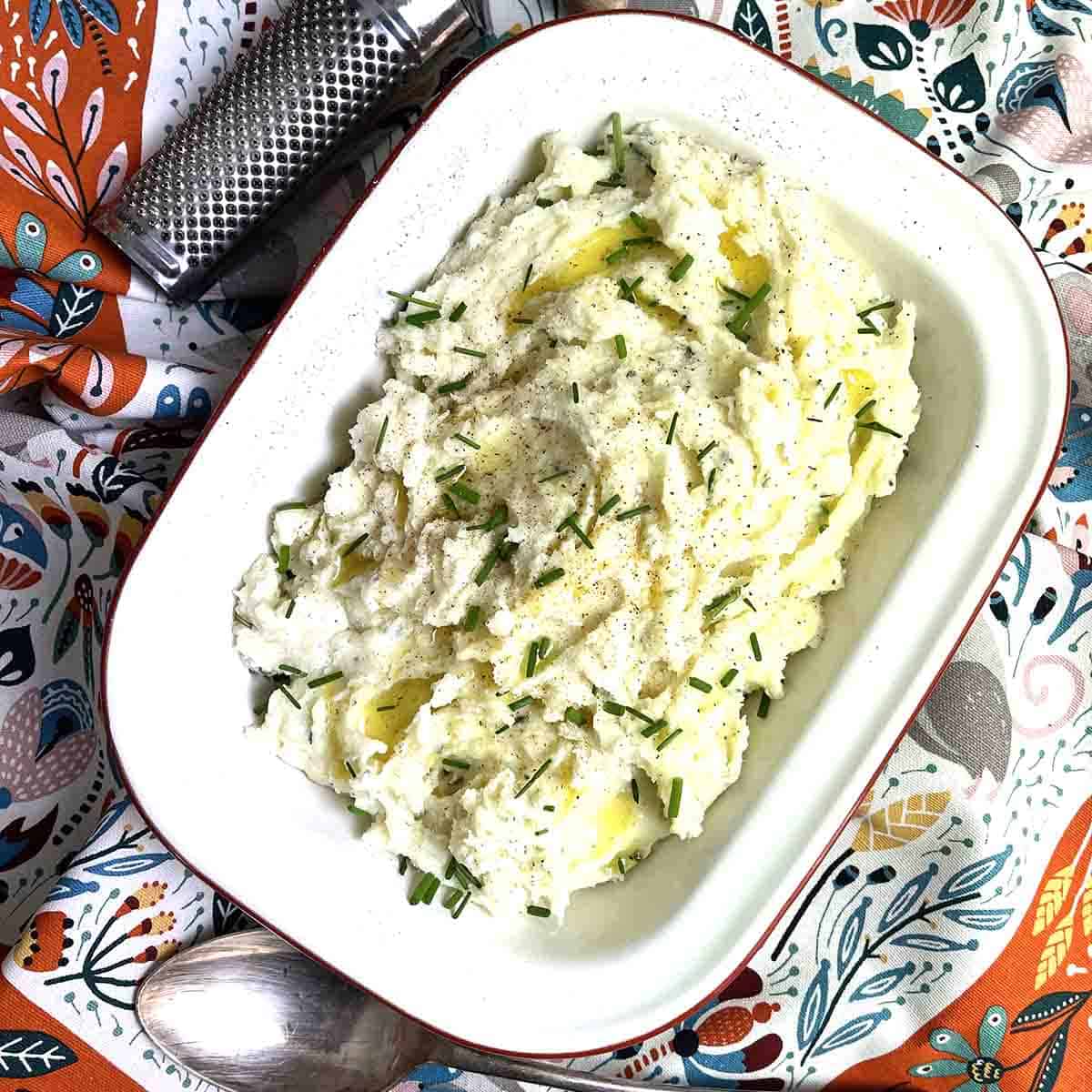 boursin mashed potatoes in serving dish.