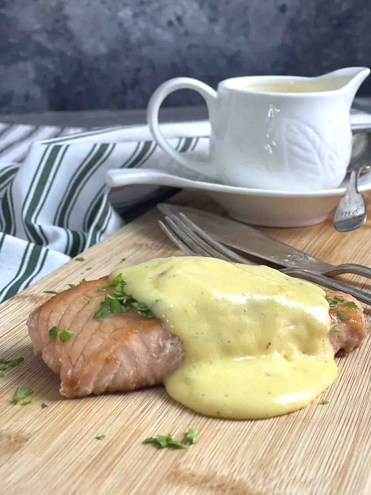 saffron sauce over salmon.