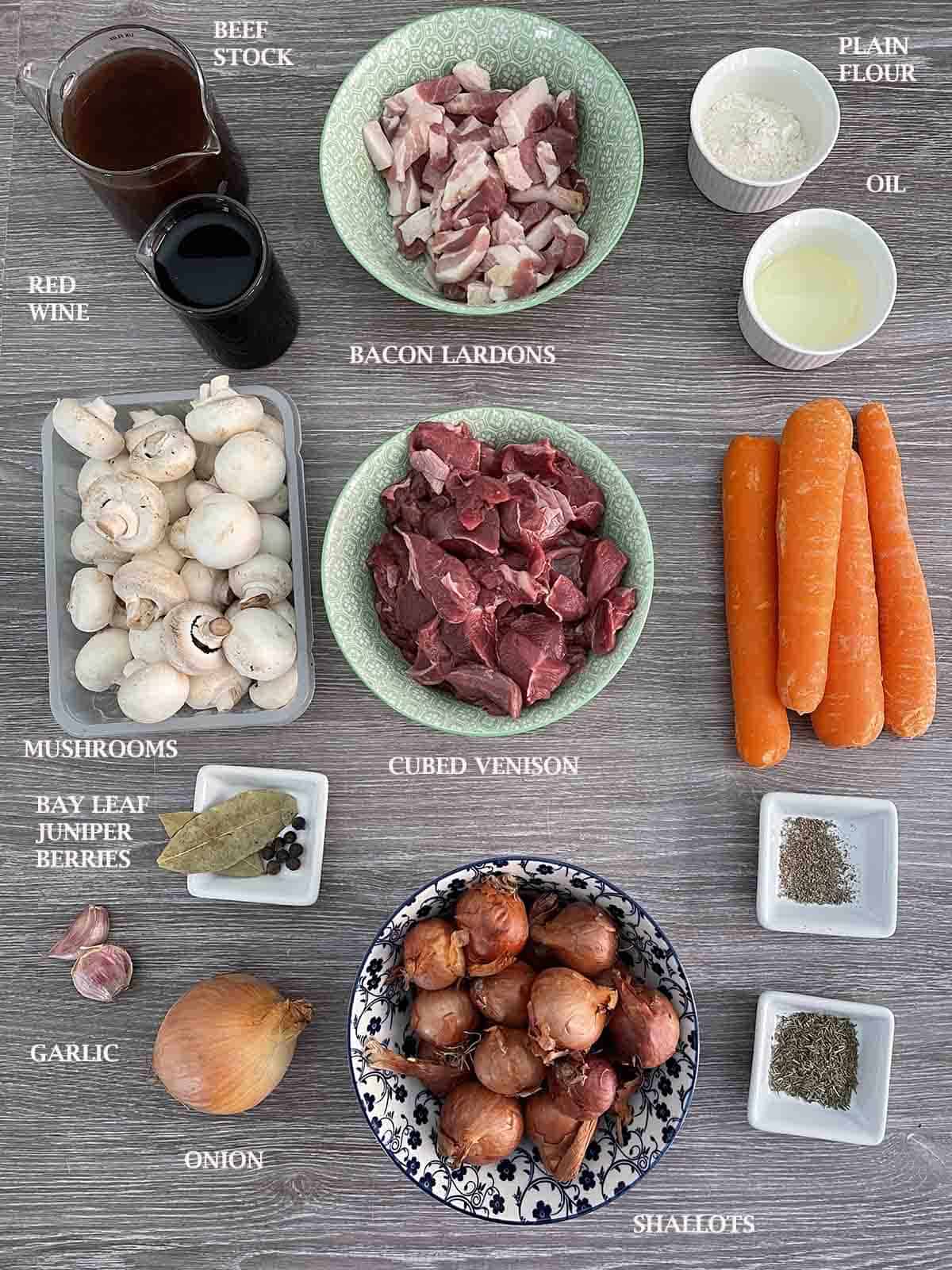 ingredients including venison, carrots, bacon and shallots.