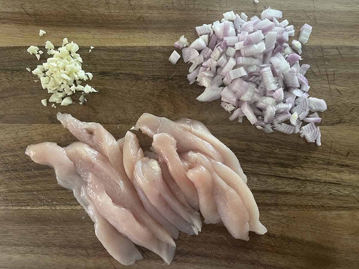 sliced chicken and chopped shallots.