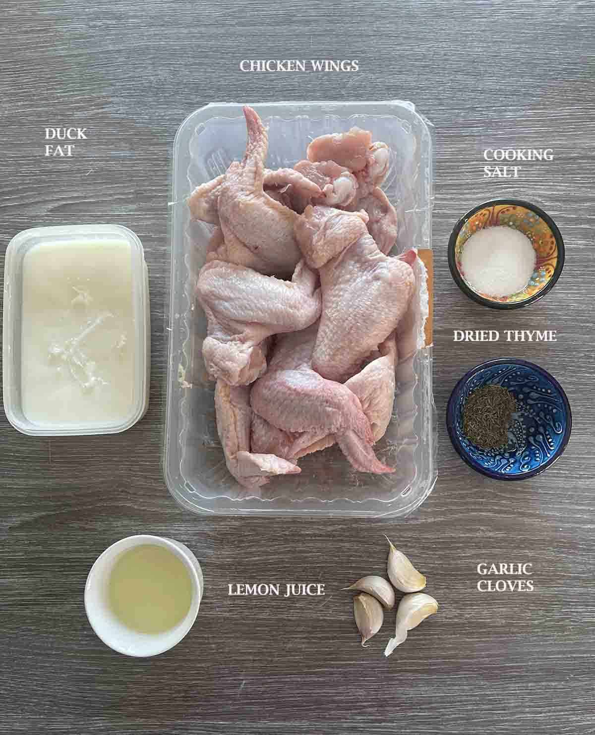 ingredients including wings, duck fat, thyme and seasoning.