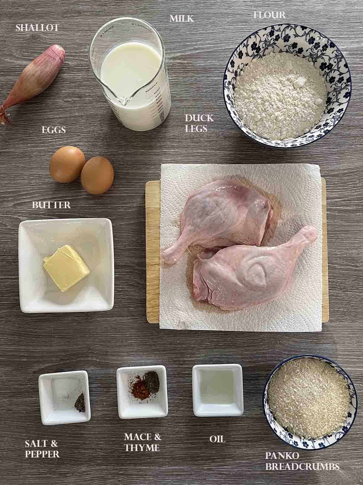 ingredients including duck leggs, egg, milk, butter and breadcrumbs.