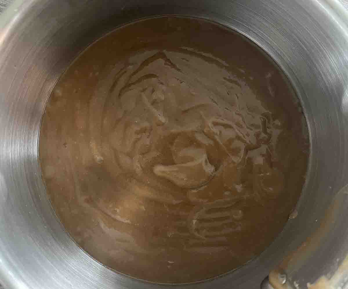 sieved sauce in a pan.