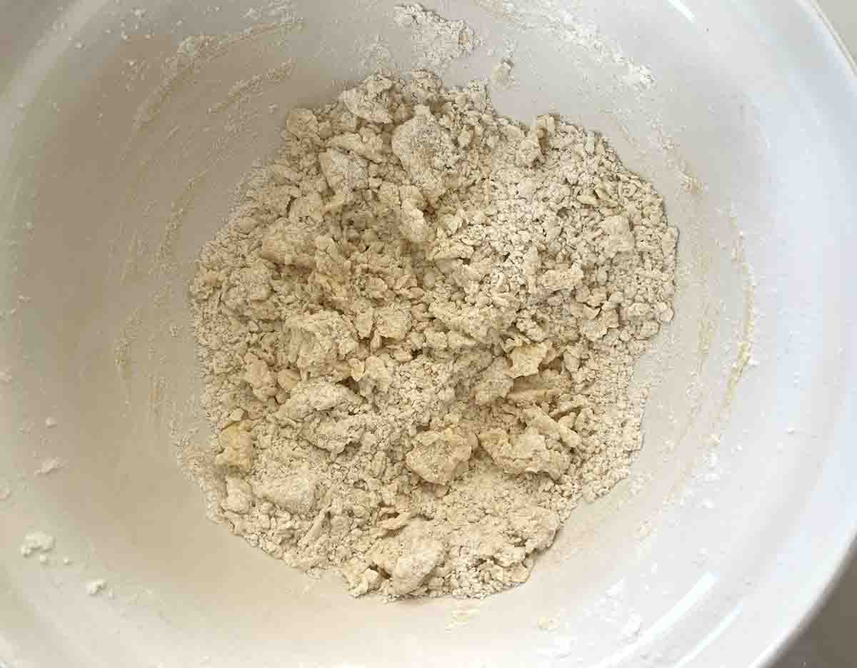 flour and butter at the breadcrumb stage in a bowl.