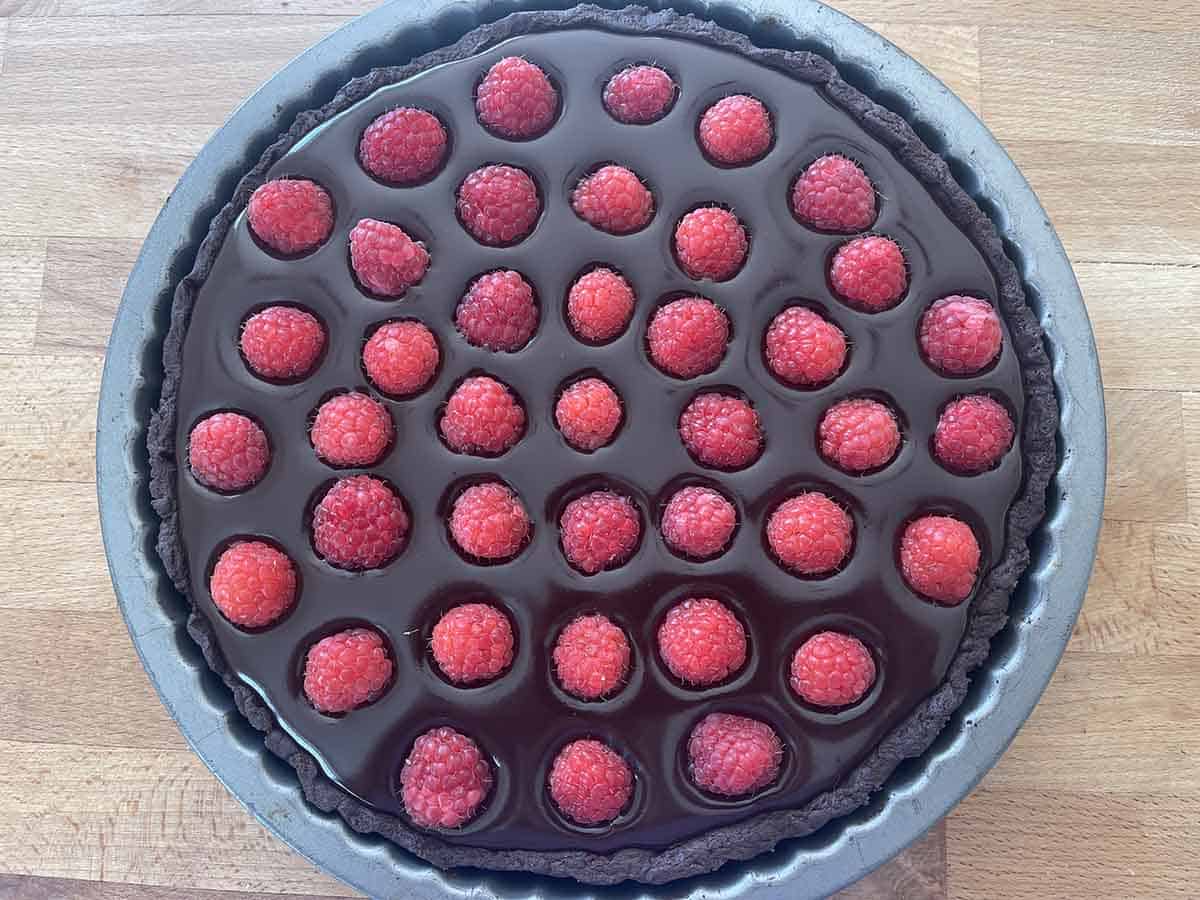 chocolate tart with raspberries added.