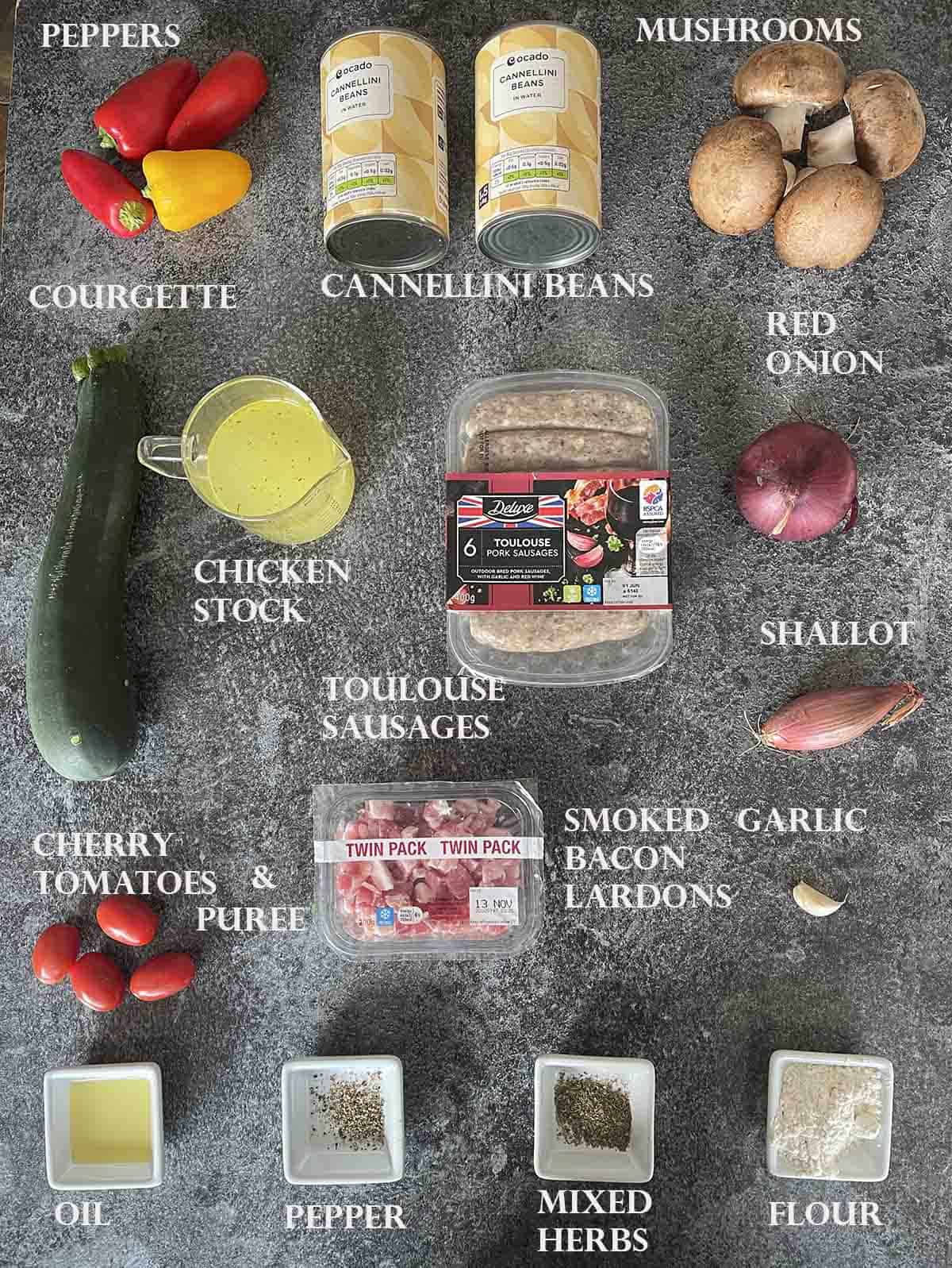 ingredients including sausages and cannellini beans.