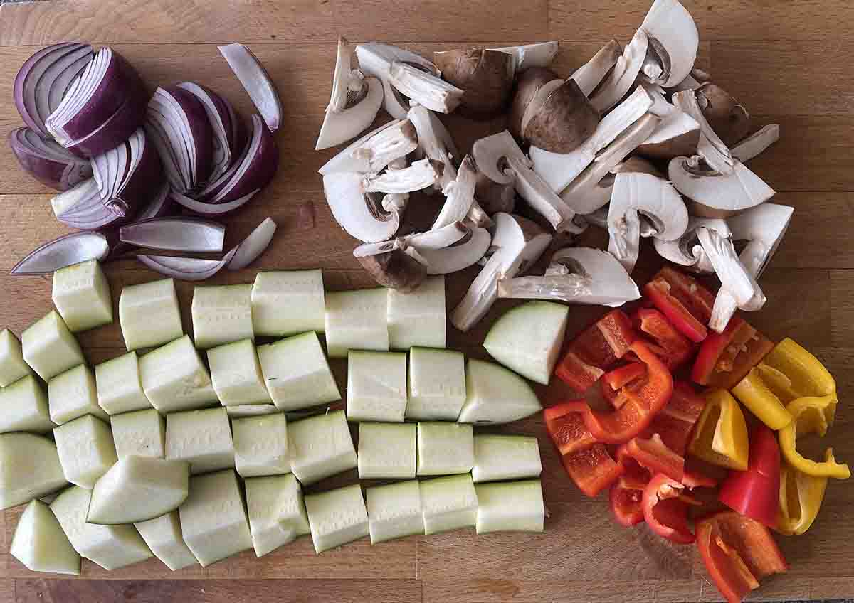 chopped vegetables on a board.