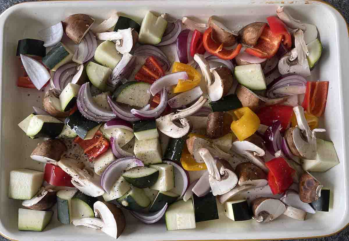 vegetables on a roasting tray.
