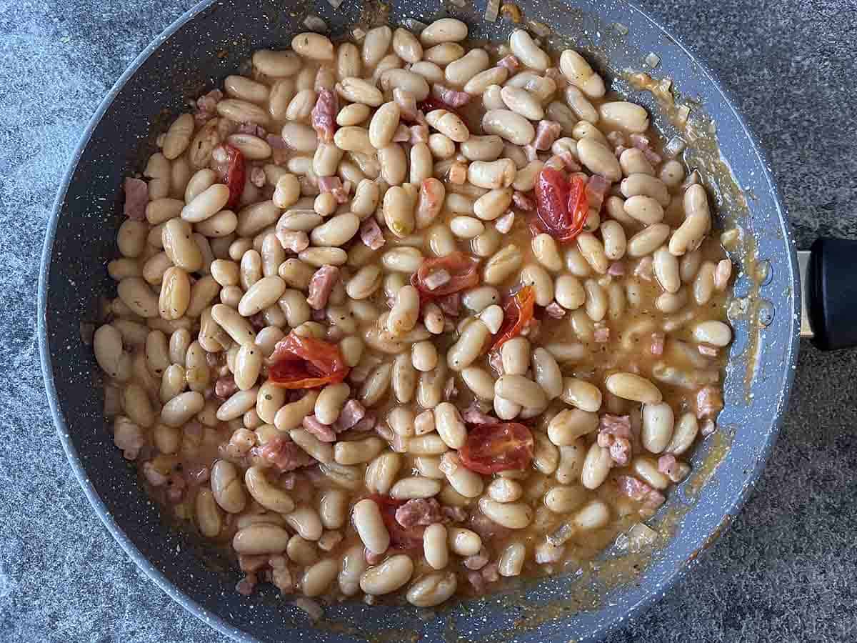 beans added to pan.
