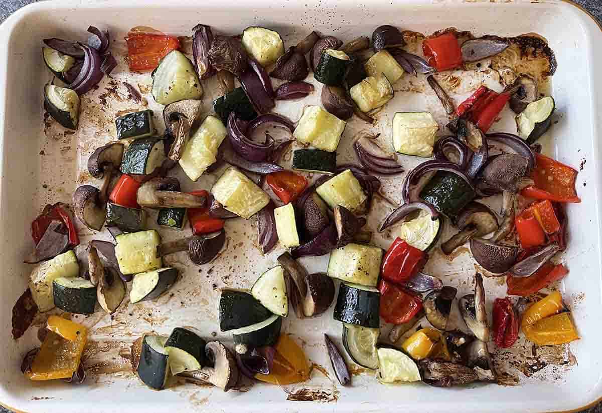 roasted vegetables on a tray.