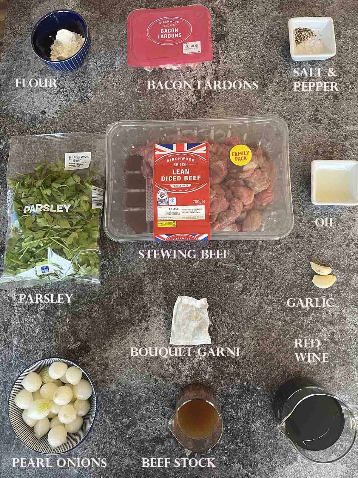 ingredients including beef, onions, red wine and stock.
