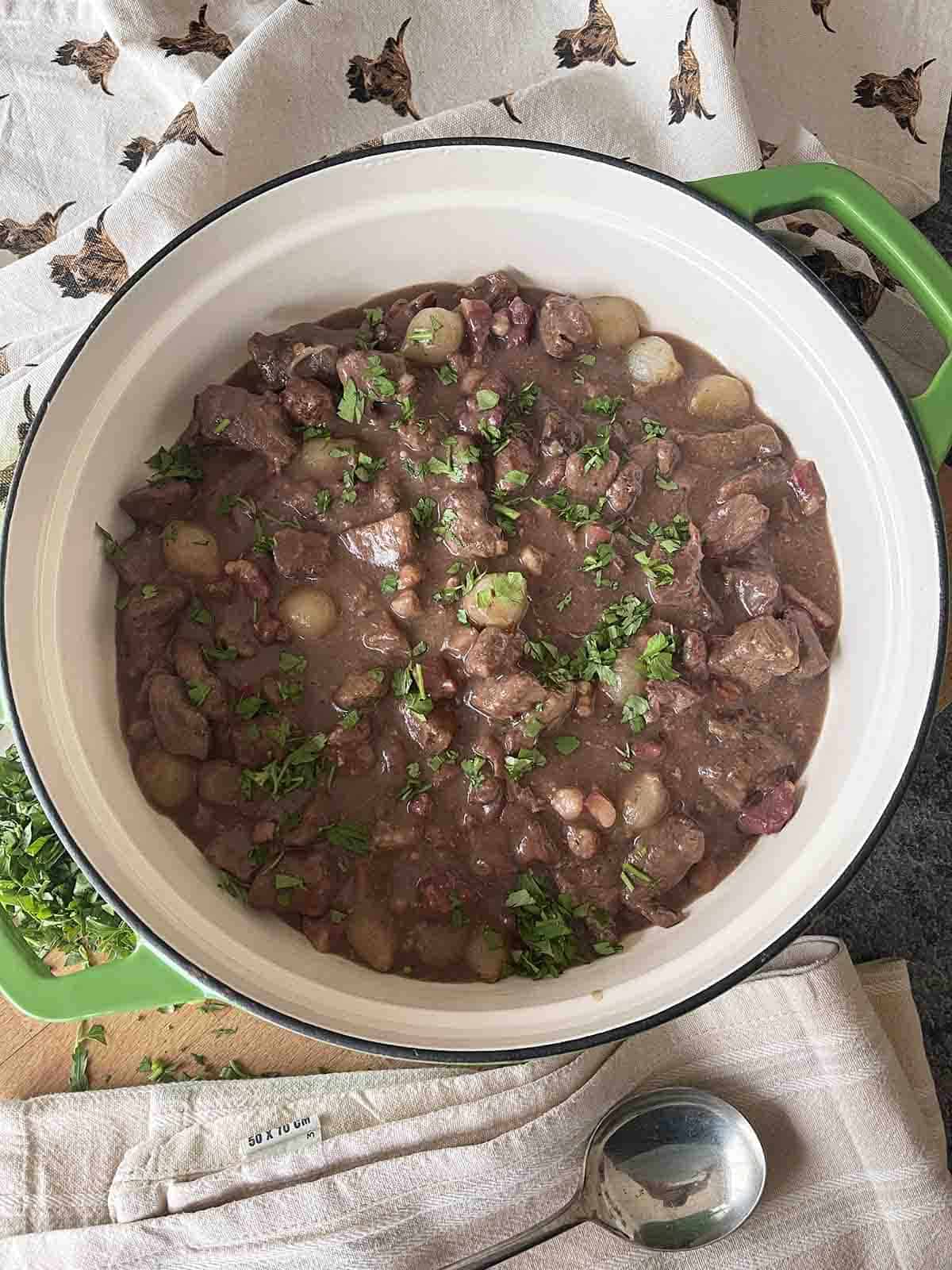 slow cooker beef bourguignon in a dish.
