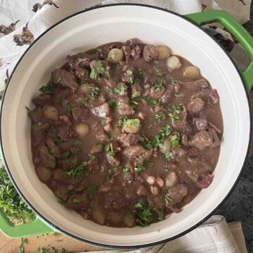 slow cooker beef bourguignon in a dish.