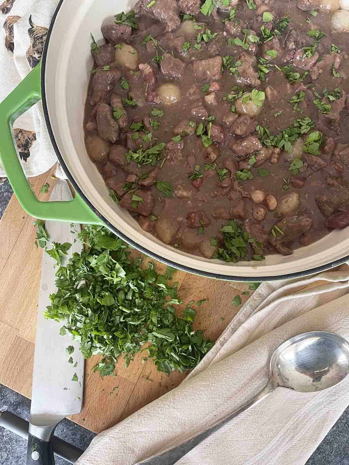 cooked French beef in red wine.