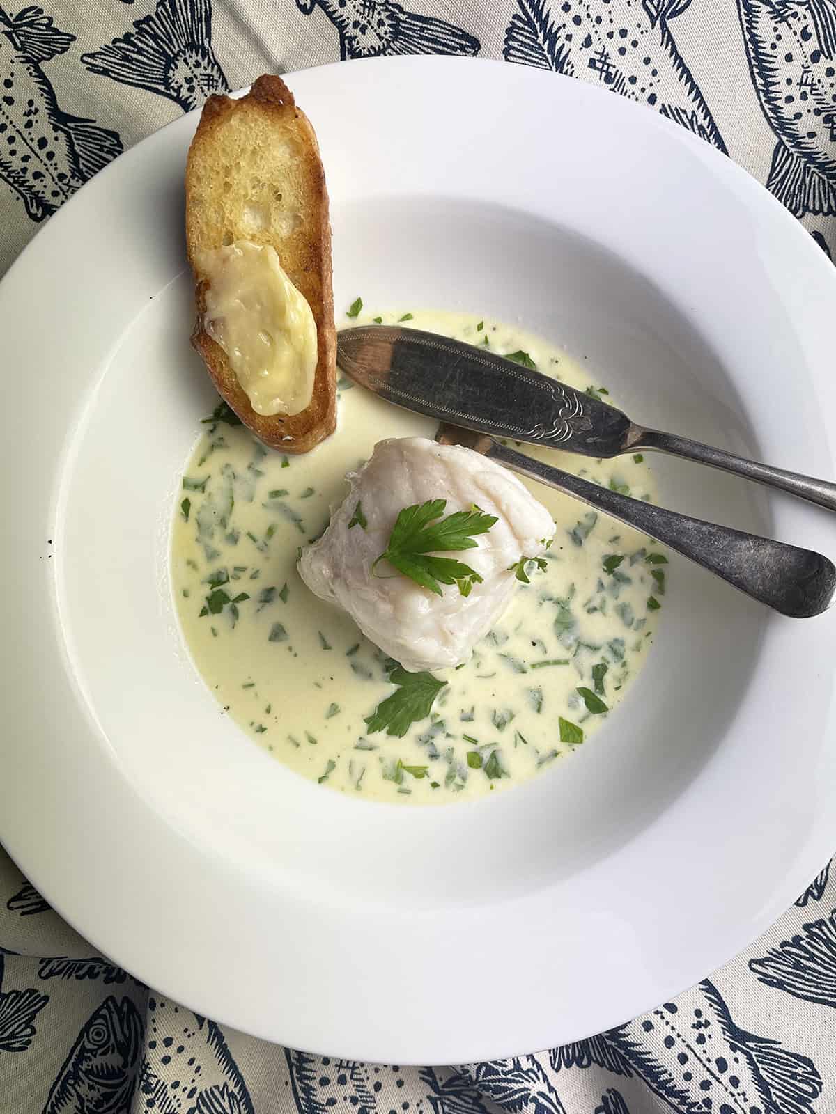 bourride de lotte in a dish.