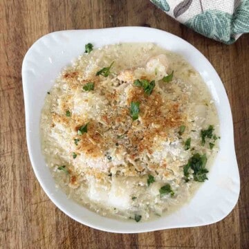 scallop gratin in a dish.