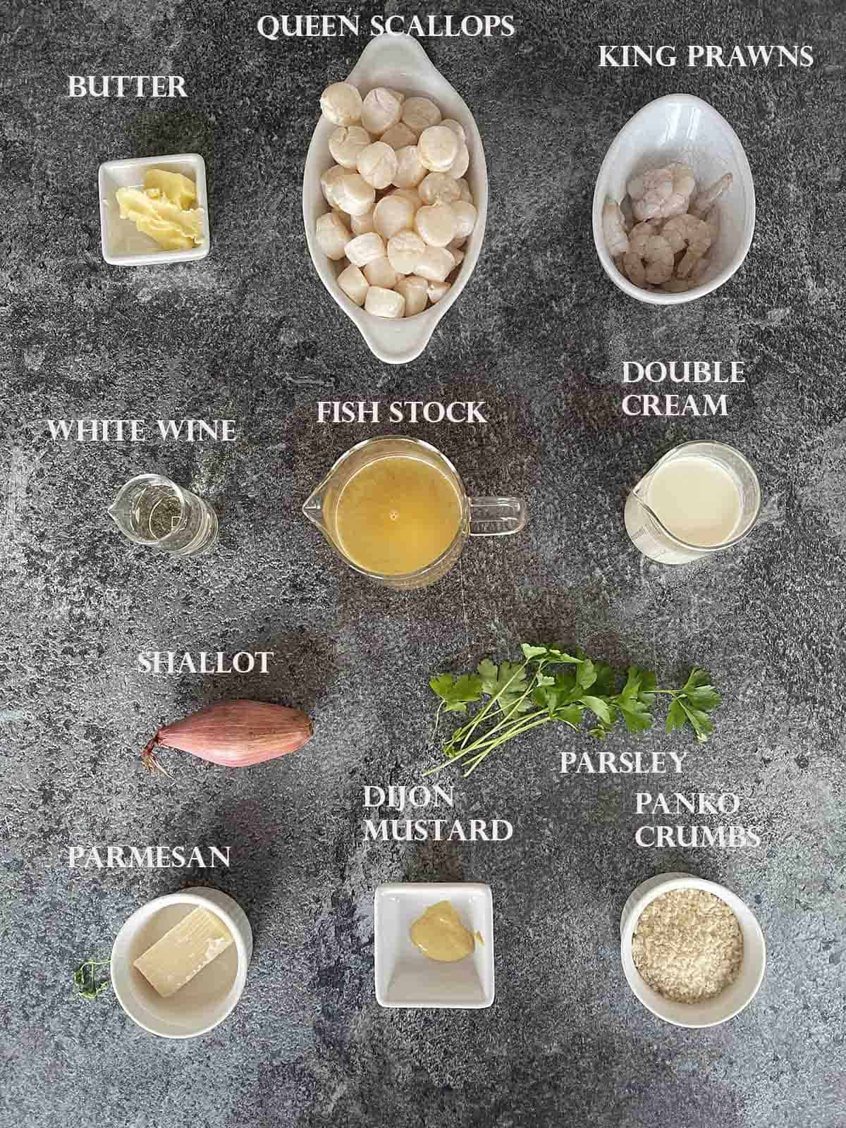 ingredients including scallops, prawns, white wine and cream.