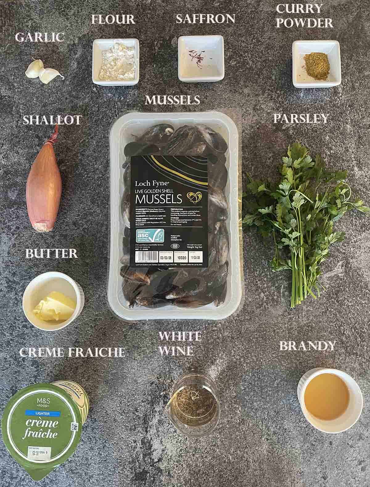 ingredients inclusing mussels, creme fraiche and curry powder.