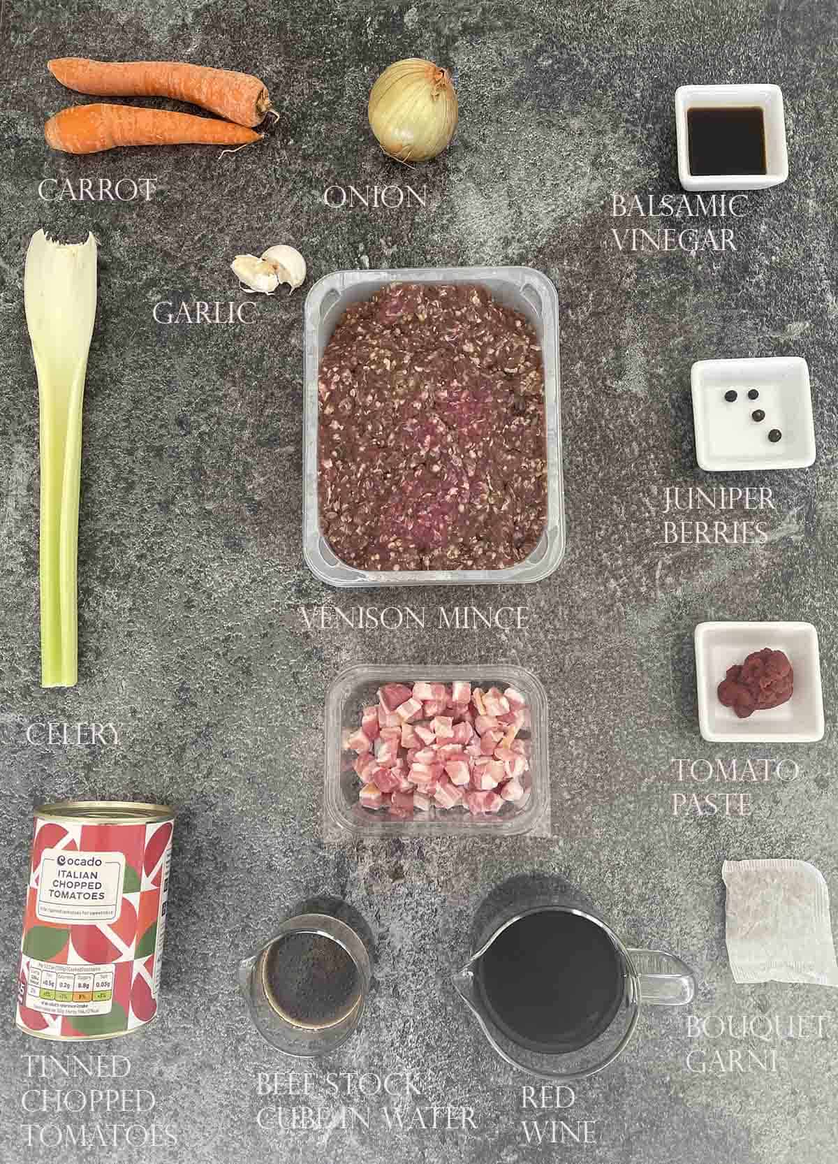 ingredients including venison mince, vegetables and wine.