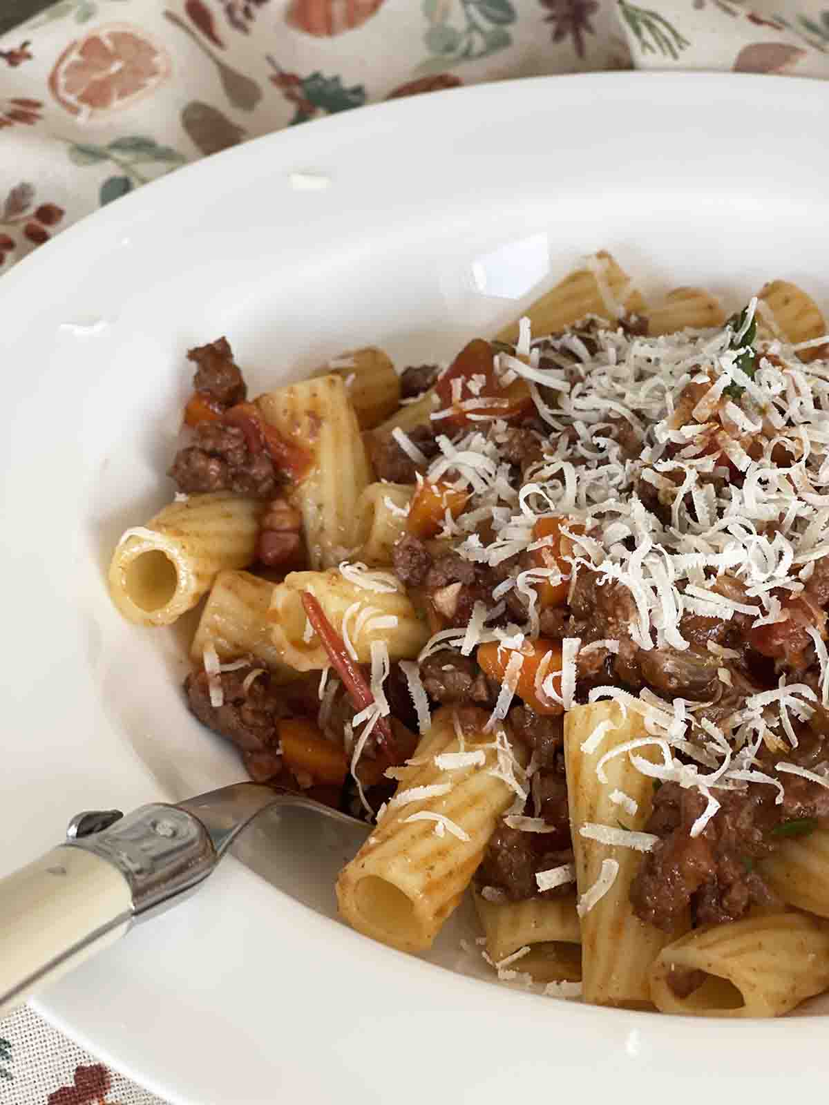 venison bolognese served with rigatoni.