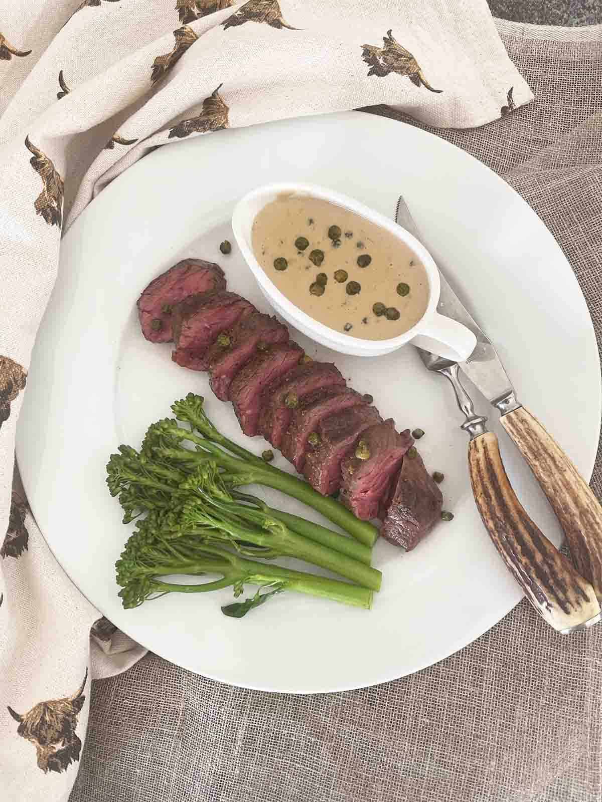onglet with green peppercorn sauce.
