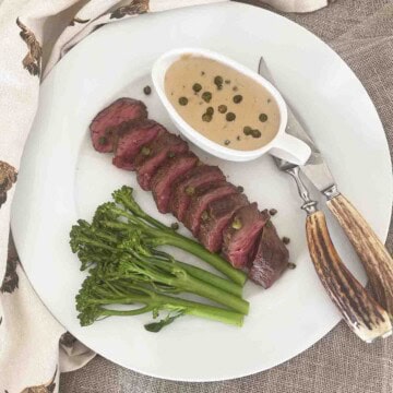onglet with green peppercorn sauce.